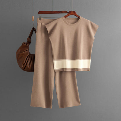 Traje de mujer, ropa de punto, pantalones holgados, adelgazantes, de cintura alta y piernas anchas, traje de dos piezas