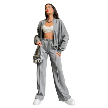 Conjunto de cárdigan con cremallera de color liso para mujer, pantalones rectos informales, otoño e invierno