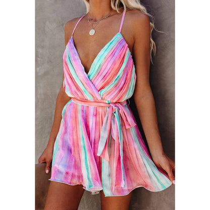 Spring Summer Suspender Pleated Chiffon Dress Home Lace up Sexy V neck Chiffon Dress