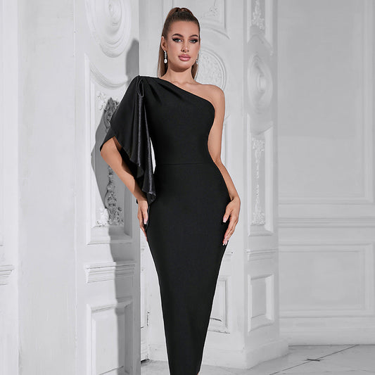 Solid Color Slim Hip Solid Color Stitching Bandage Dress Shoulder Dress