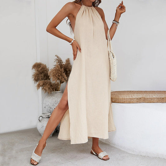 Woven Elegant Design Bare Back Seaside Holiday Halter Dress