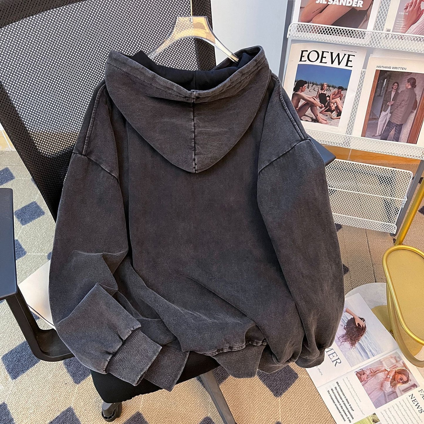 Sudadera con capucha de algodón puro chino, estilo vintage, con lavado de calle, con parte superior encerada y desgastada de otoño