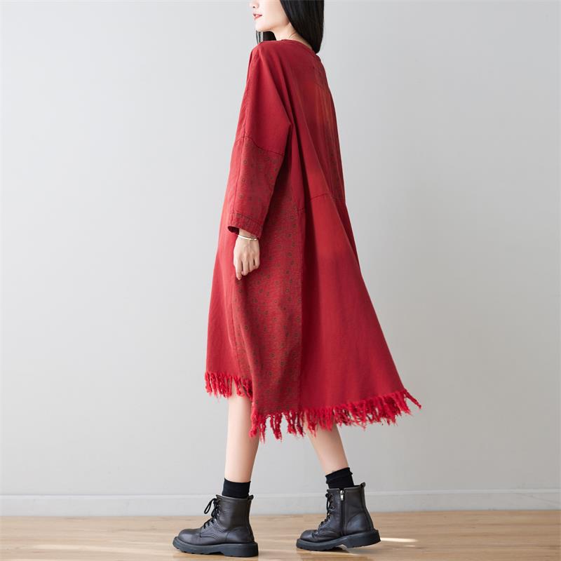 Suéter largo con borlas y cuello en V, parche de lunares lavados, vestido de manga larga adelgazante