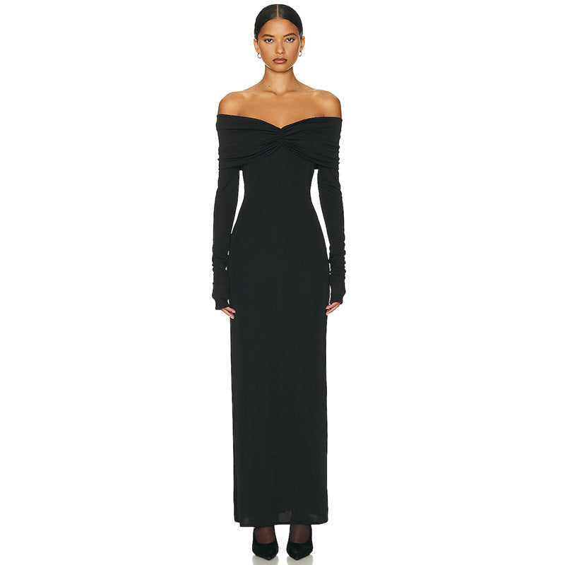 Vestido elegante plisado de color liso con hombros descubiertos y manga larga para otoño e invierno para mujer