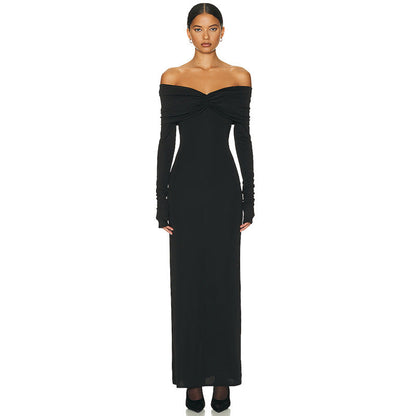 Vestido elegante plisado de color liso con hombros descubiertos y manga larga para otoño e invierno para mujer