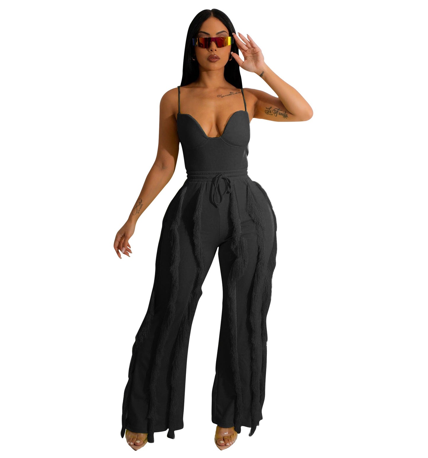 Conjunto de dos piezas de mono con borlas y encaje para mujer, pantalones de pierna recta, verano