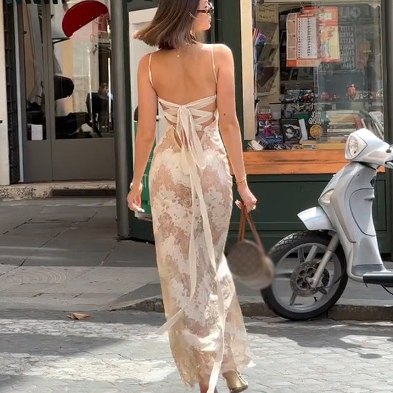 Vestido lencero elegante con estampado de alta clase y tirantes sexy para mujer