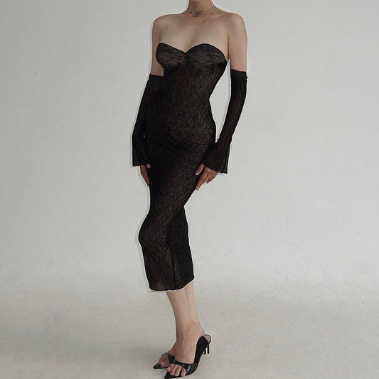 Summer Pure Sexy Lace Tube Top Hip Waist Controlled Sexy Dress with Oversleeves for Women