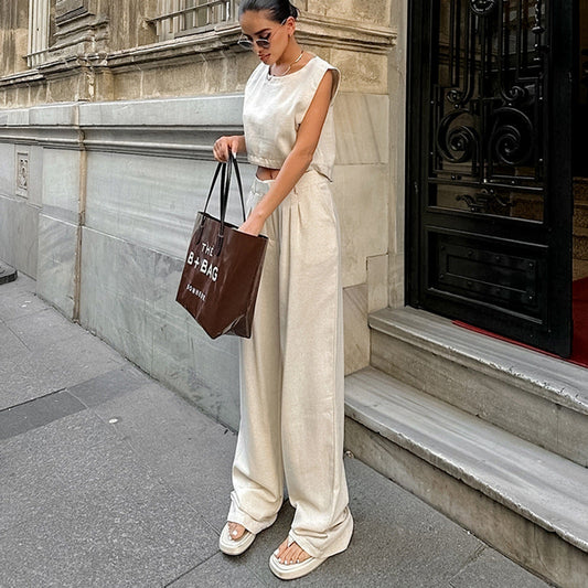 Street Casual Set Khaki Cotton Linen Sleeveless Top Trousers Two Piece Set Summer Women