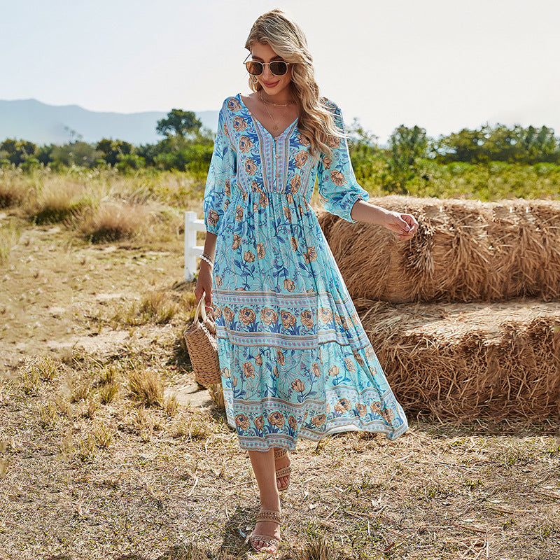 Vestido bohemio de cintura alta con escote en V y largo medio de corte A