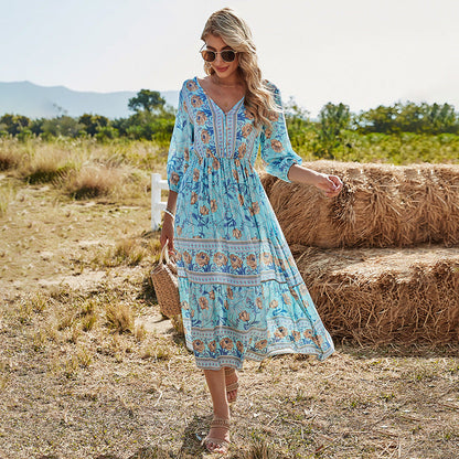 Vestido bohemio de cintura alta con escote en V y largo medio de corte A