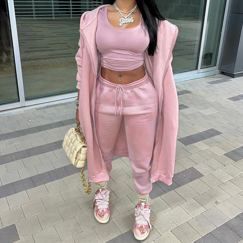 Conjunto deportivo informal de dos piezas con capucha y manga larga para mujer de otoño