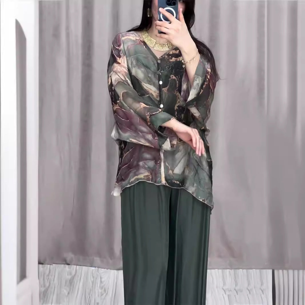 Camisa estampada pintada a mano de primavera, pantalones de pierna ancha, ropa de dos piezas para mujer