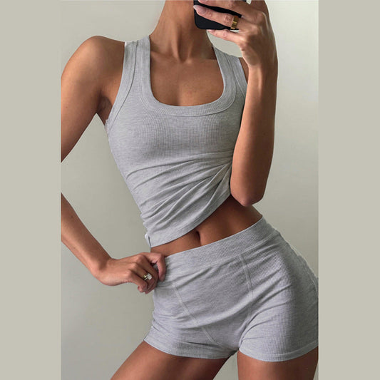 Ropa de mujer Otoño Casual Cuello redondo Color sólido Corte entallado Chaleco en forma de I Pantalones cortos de cintura alta Traje