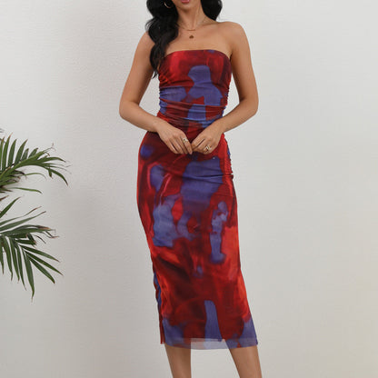 Vestido sexy de malla con doble capa y abertura lateral para mujer, primavera y verano