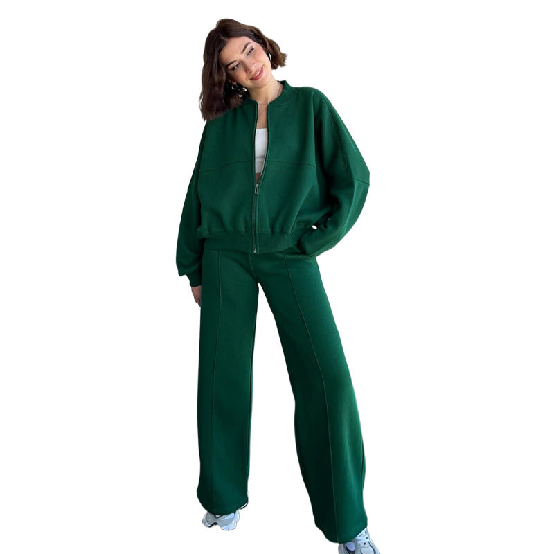 Conjunto de cárdigan con cremallera de color liso para mujer, pantalones rectos informales, otoño e invierno
