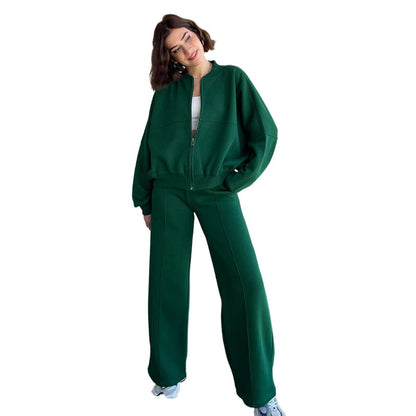 Conjunto de cárdigan con cremallera de color liso para mujer, pantalones rectos informales, otoño e invierno