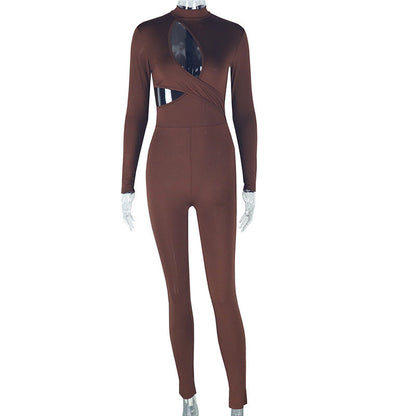 Mono elegante para mujer, ajustado, de color sólido, microelástico, de manga larga, con aberturas y cintura media, fino.
