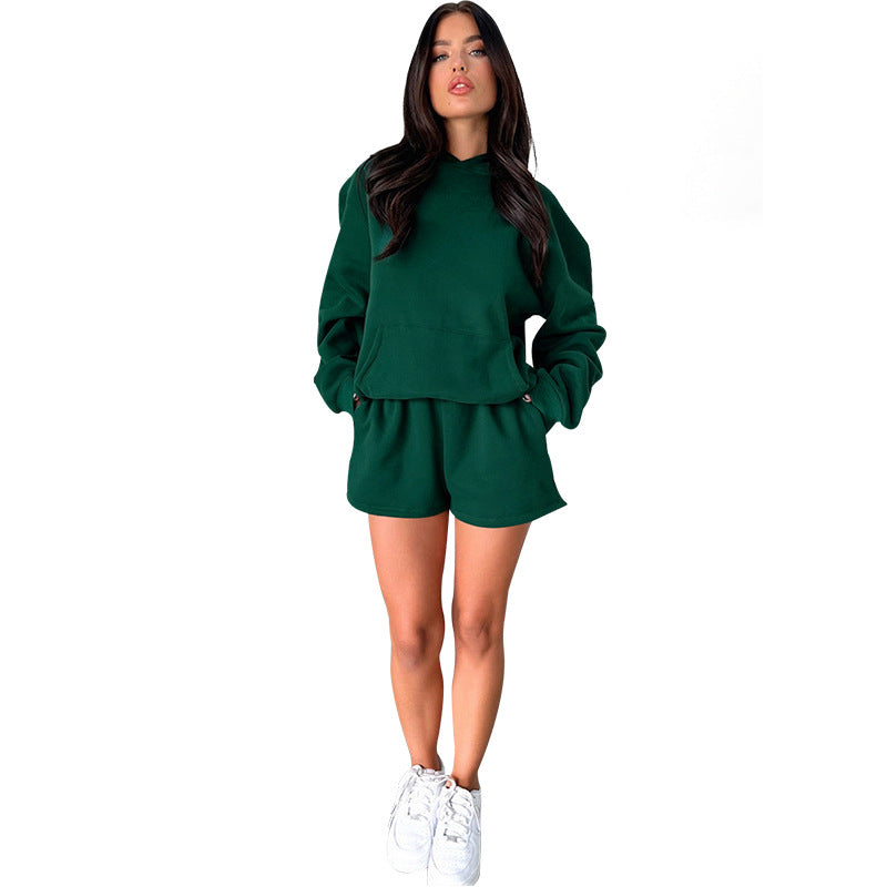Suéteres con capucha de manga larga de color liso para otoño e invierno, ropa para mujer, conjuntos de dos piezas con pantalones cortos casuales