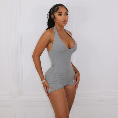 Mono de verano para mujer, sexy, informal, de cuello bajo, con cuello halter, cintura alta, ajustado y sin espalda.