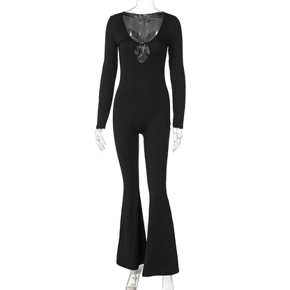 Mono ajustado de manga larga con cuello en V para mujer, ropa de otoño, color liso