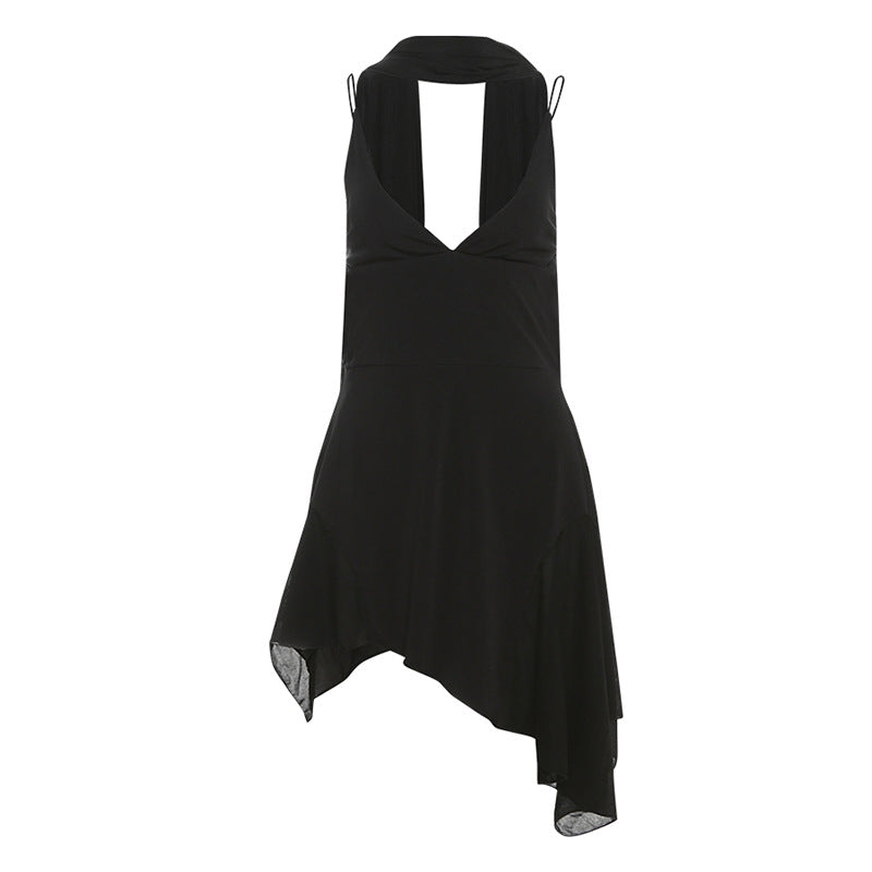 Vestido de primavera para mujer, color liso, sexy, sin espalda, con cuello tipo bufanda, ajustado, con tirantes finos
