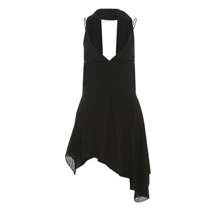 Vestido de primavera para mujer, color liso, sexy, sin espalda, con cuello tipo bufanda, ajustado, con tirantes finos