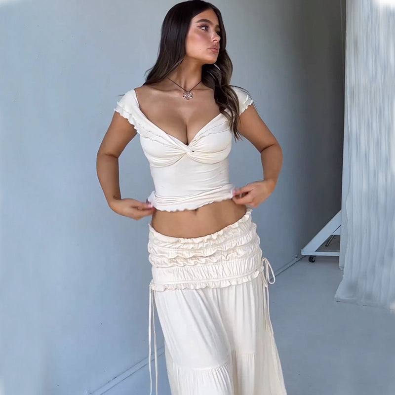 Conjunto de falda plisada francesa con chaleco corto de corte bajo y sexy para mujer de verano