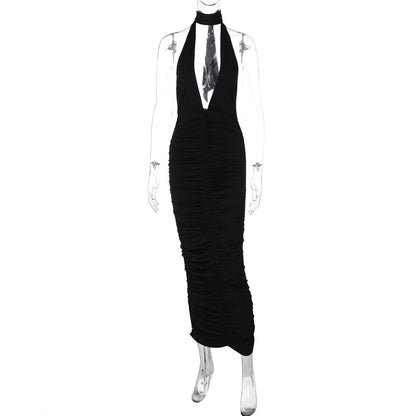 Vestido ajustado de invierno para mujer, color liso, sexy, con escote en V profundo y espalda descubierta