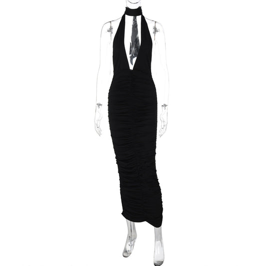 Women Clothing Winter Solid Color Sexy Deep V Plunge neck Halter Backless Slim Fit Dress