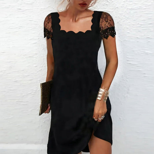 Winter Women Clothing Lace Short Sleeve Slim Fit Solid Color Slimming Dress