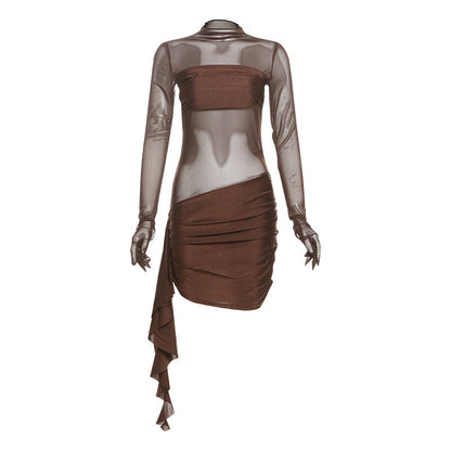 Vestido de otoño-invierno para mujer, sexy, de malla, con aberturas, plisado, cuello redondo, ajustado, de manga larga.