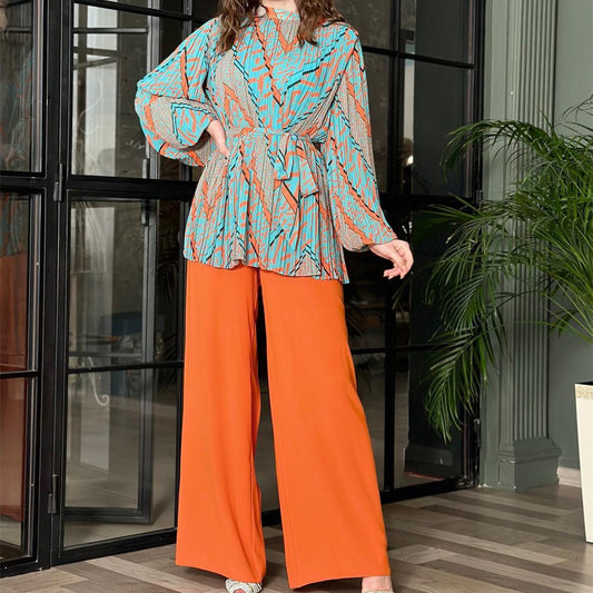 Conjunto de ropa de otoño para mujer, camisa plisada elegante con mangas abullonadas, pantalones de pierna ancha y cintura alta