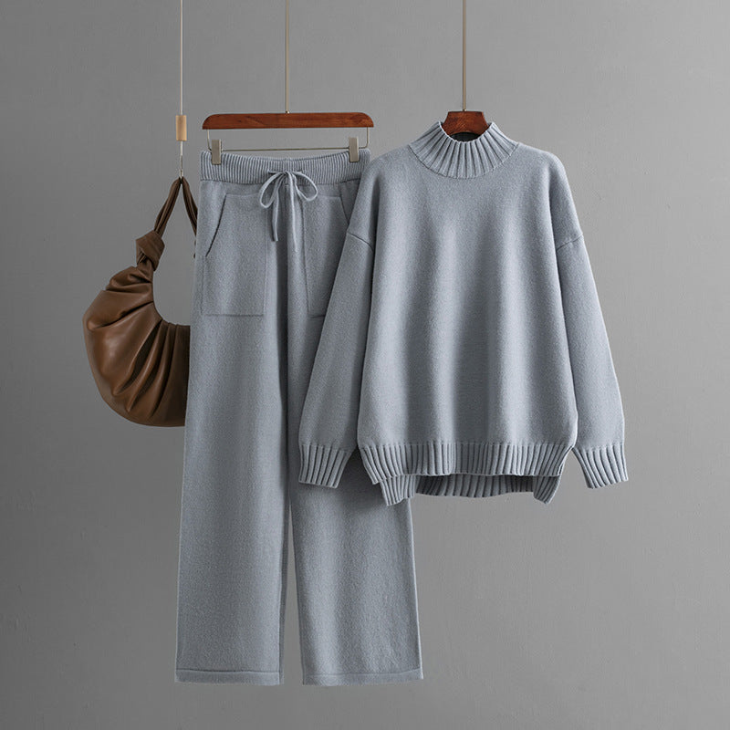 Traje de punto resistente al frío para mujer, suéter grueso y holgado, cuello medio alto, manga larga, traje de dos piezas para mujer