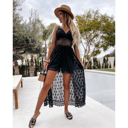 Mono informal sexy con tirantes y costuras para casa, para vacaciones, con aberturas