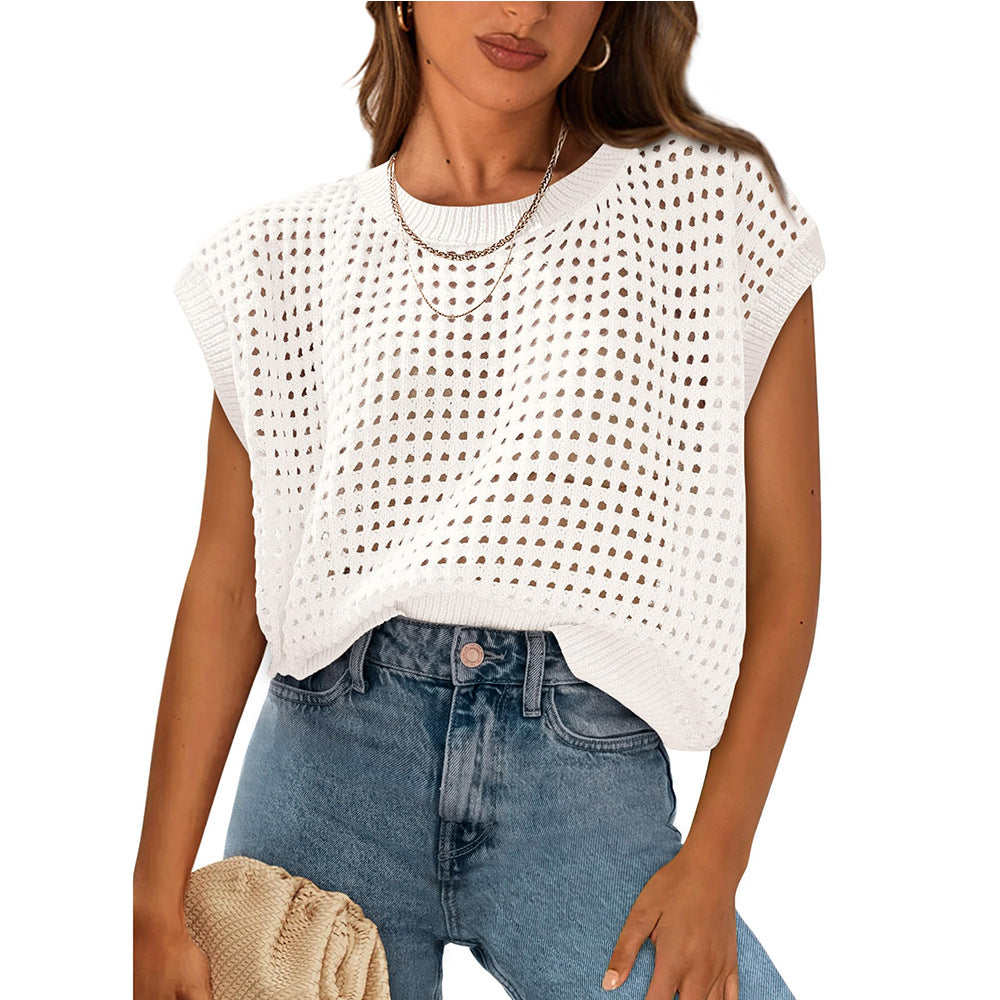 Ropa de verano para mujer, blusa de punto con cuello redondo, aberturas y protección solar