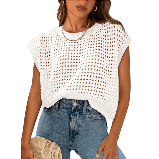 Ropa de verano para mujer, blusa de punto con cuello redondo, aberturas y protección solar
