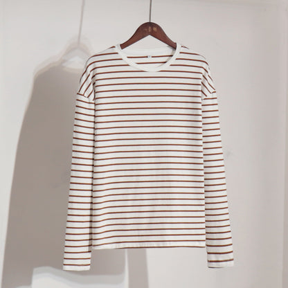 Camiseta de rayas de manga larga, de primavera, moderna, informal, salvaje, con cuello redondo, de algodón a rayas.