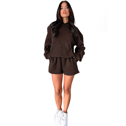 Suéteres con capucha de manga larga de color liso para otoño e invierno, ropa para mujer, conjuntos de dos piezas con pantalones cortos casuales