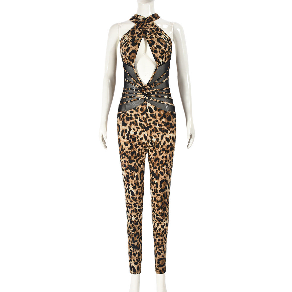 Mono sexy de verano con estampado de leopardo y costuras de malla para mujer