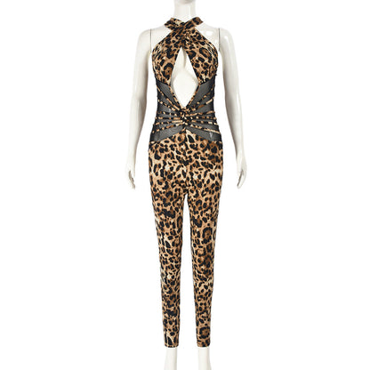 Mono sexy de verano con estampado de leopardo y costuras de malla para mujer