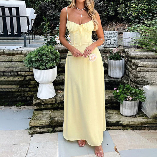 Vestido elegante de primavera para mujer, corte A, color liso, con cordones
