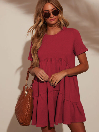 Vestido informal de verano con bolsillos, cuello redondo, manga corta, plisado y holgado para mujer