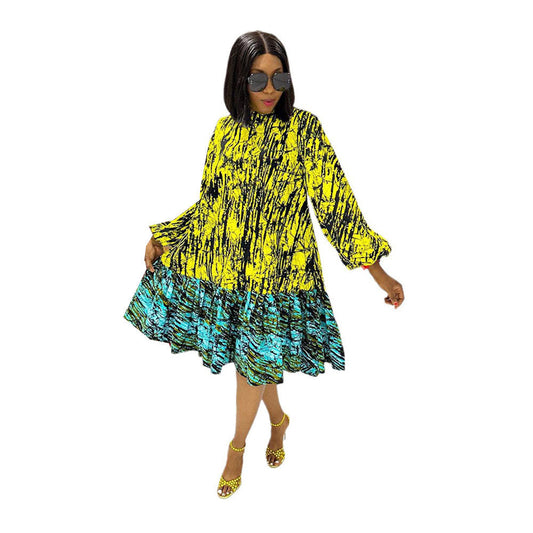 Printed Lace up Lantern Sleeve Loose Large Round Neck Dress