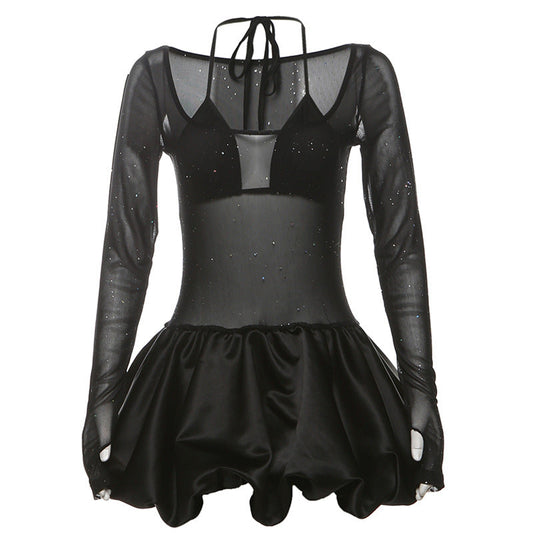 Otoño Invierno Mujer Ropa Sexy Halter Sling Malla Básica Transparente Sequ Vestido Conjuntos de Dos Piezas Vestido Abullonado para Mujer
