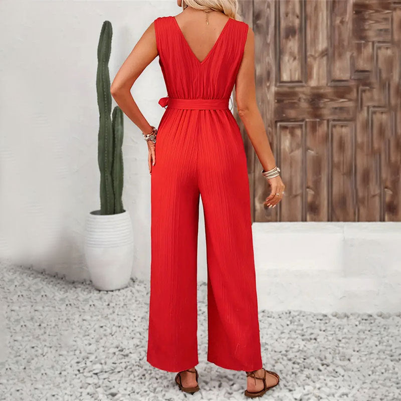 Pantalones anchos con volantes y rayas de jacquard para mujer, pantalones casuales rectos sin mangas con cinturón para mujer, mono para mujer