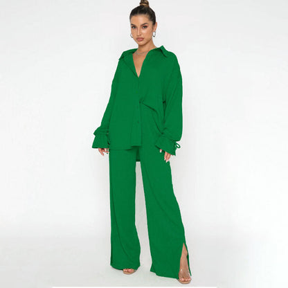 Traje de pantalón elegante para mujer, top de manga larga con lazo y cuello polo de color liso para otoño e invierno