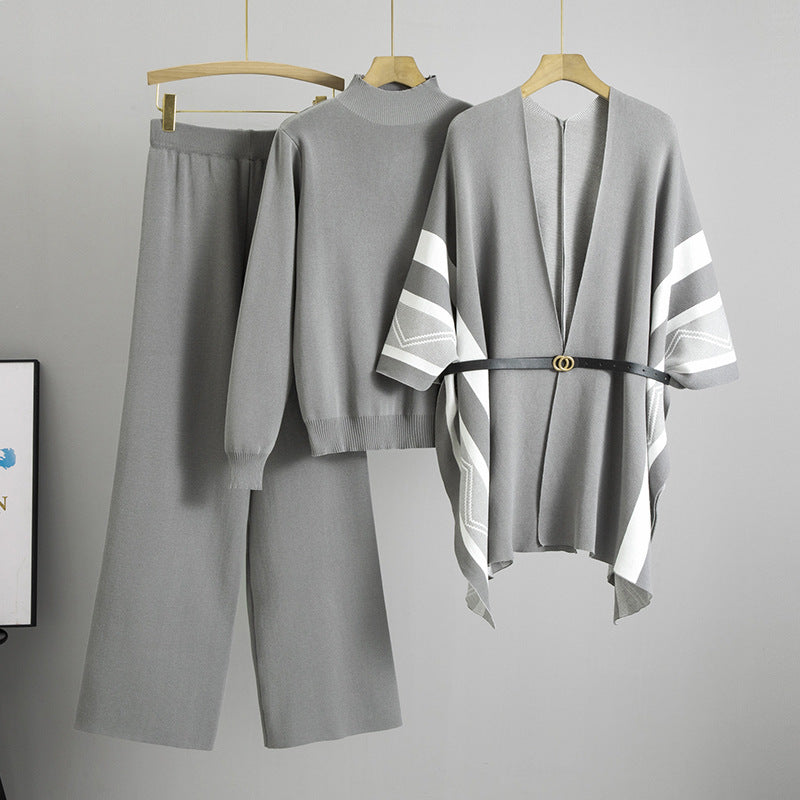 Conjunto de tres piezas de cárdigan de punto con cuello alto y pantalones de pierna ancha para mujer, elegante y a la moda, de primavera