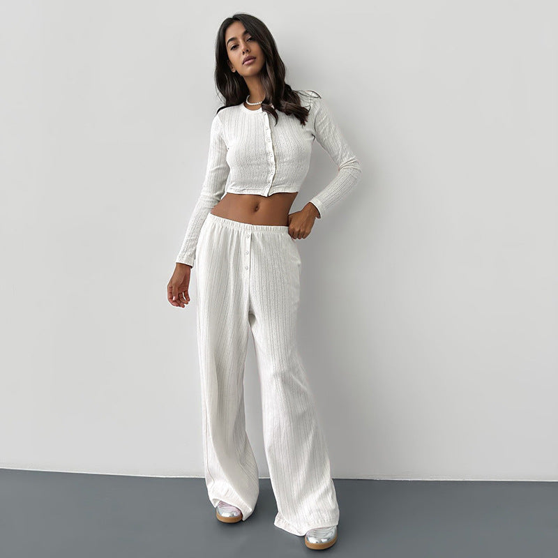 Casual Knitted Basic Breasted Long Sleeve Top Elastic Trousers Two Piece Pajamas Homewear