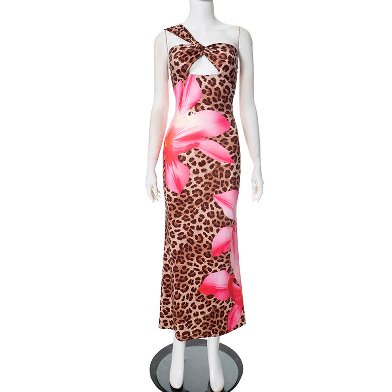 Vestido largo sexy de estilo socialité con estampado de leopardo de otoño y aberturas para mujer